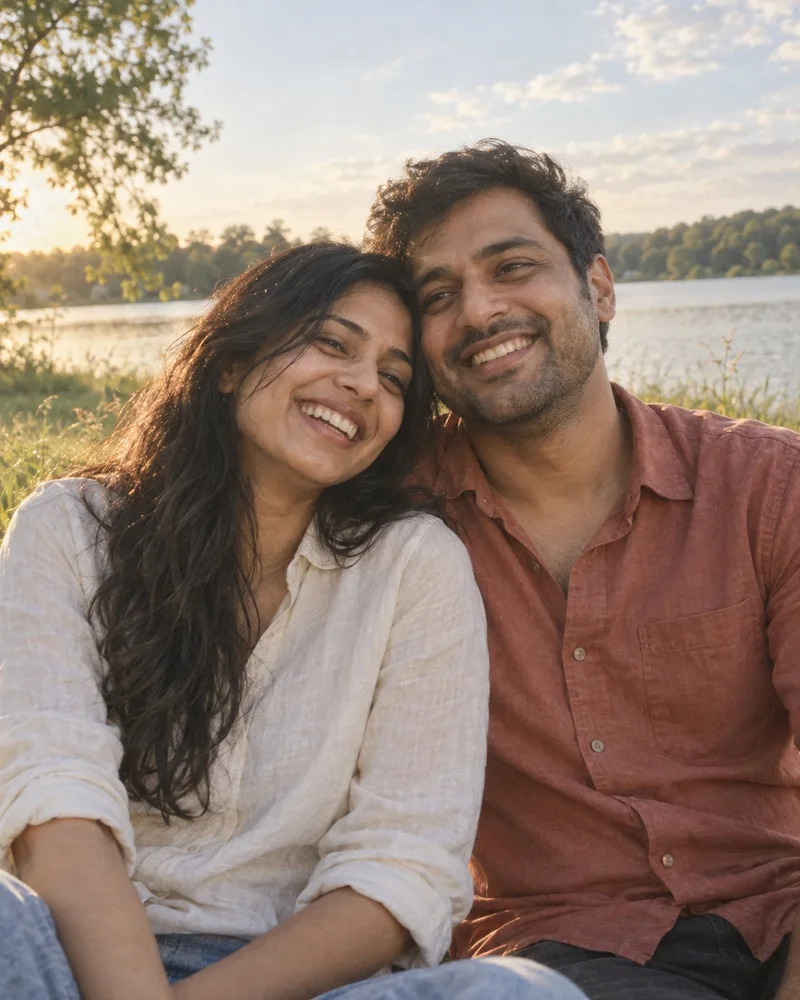A couple laughing beside a lake
