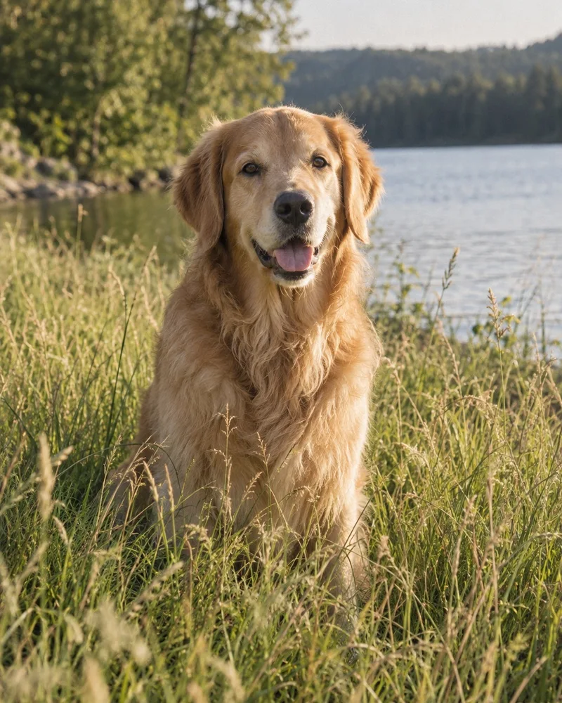 A golden retriever sitting in long grass